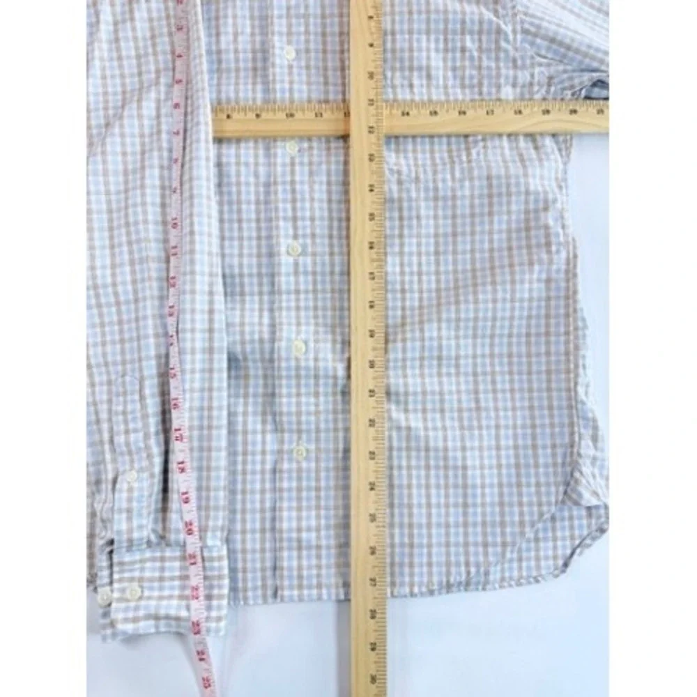 J.Crew Button Down Shirt‎ Mens S Tan Blue Plaid Long Sleeve Slim Fit